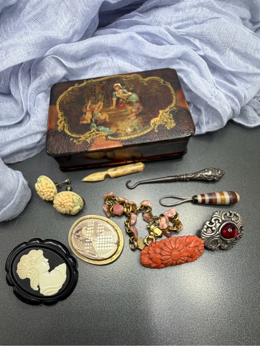 Antique Trinket Box with Old pieces